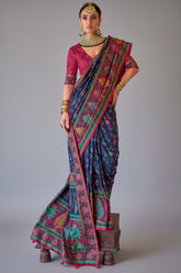 Navy Blue Art Silk Printed Saree with Paisley Motifs